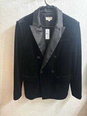 LOFT Black Velvet Double-Breasted Blazer with Satin Lapel